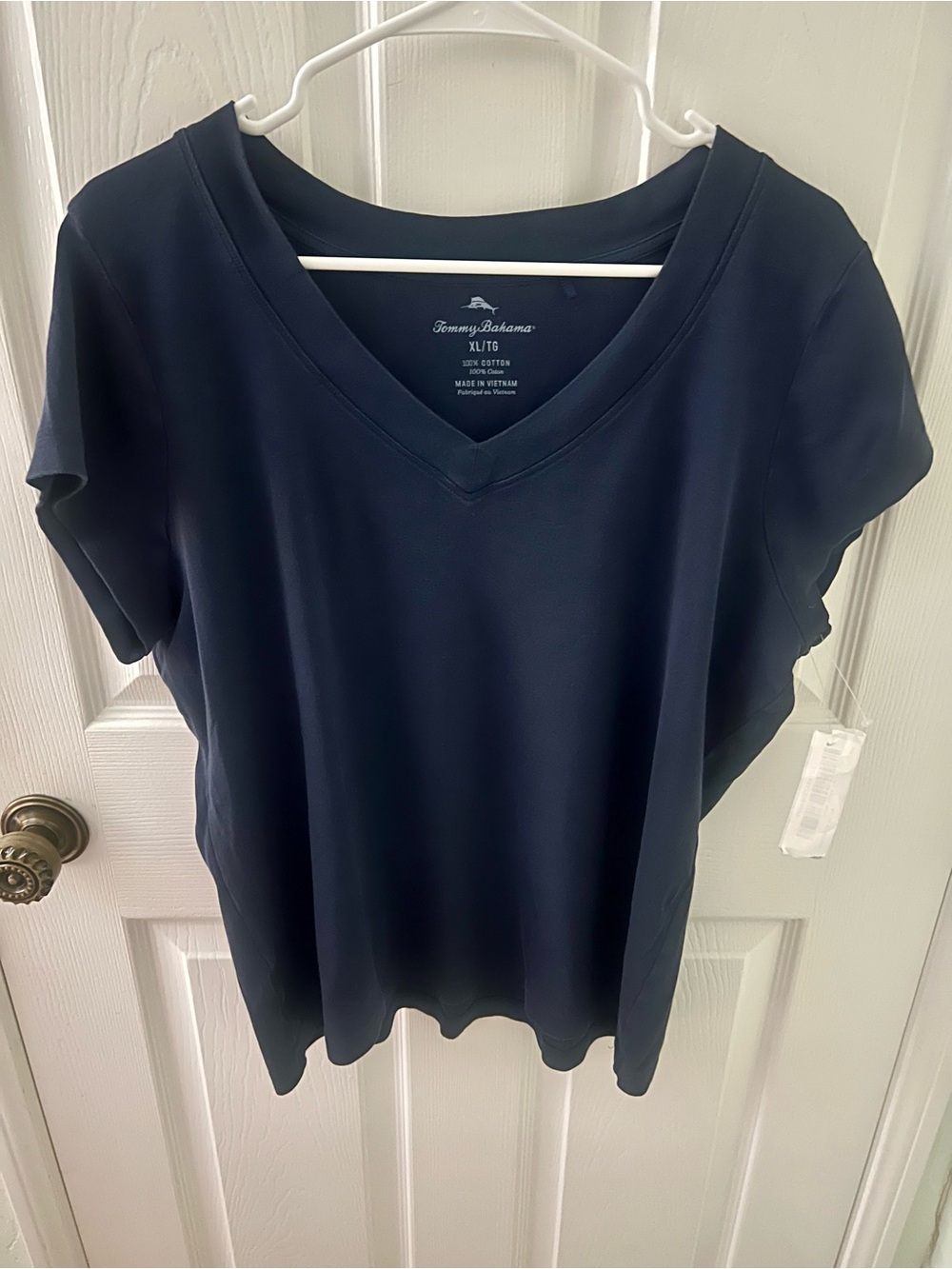 Tommy Bahama 100% Cotton Navy Short Sleeve V-Neck Women's Top, Size XL